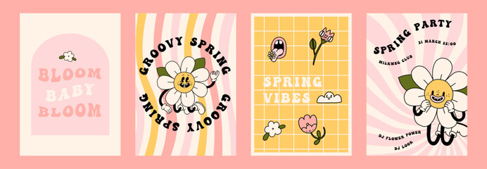 Funny daisy flower poster set. Groovy summer, spring chamomile characters, smiling faces. Cartoon hippie 70s print collection. Vector logo cards in trendy retro style. Bloom floral elements
