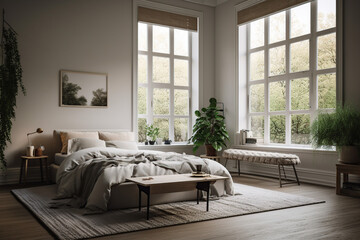 Fototapeta na wymiar Cozy Bedroom Interior In Natural Light