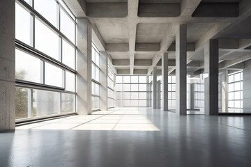 Abstract modern architecture background, empty white open space interior with windows and concrete walls. 3D rendering, Generative AI