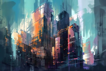 Fototapeta na wymiar Abstract painting of urban skyscrapers. , Generative AI