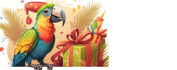 Animal postcard, parrot in a party hat, confetti balloons, brush-drawn style, congratulation, celebration, happy birthday, generative ai
