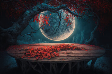 Halloween - Wooden Table In Spooky Forest At Night. Illustrator AI Generative
