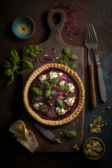 Fototapeta na wymiar Round pastry tart with sliced beets feta and mint leaves. Illustrator AI Generative