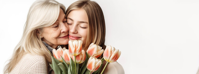 Grandma's Day Celebration: Girl presenting bouquet of tulips to her granny