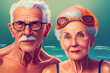 An elderly couple swimming in the sea. Healthy active lifestyles, water sports for the elderly