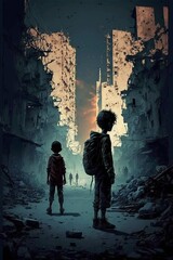 illustration, children alone in war zone and city ruin, ai generative