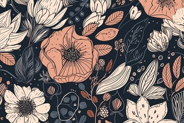 Flowers hand drawn seamless pattern. ink brush texture. , Generative AI