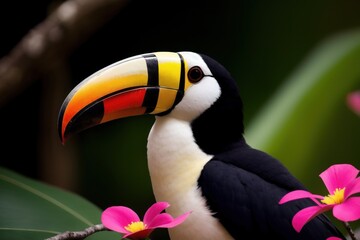 Fototapeta premium Toucan in the treetops in a tropical rainforest. Wildlife concept of ecological environment. Generative AI