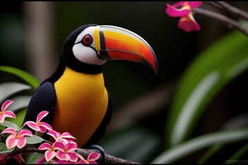Fototapeta premium Toucan in the treetops in a tropical rainforest. Wildlife concept of ecological environment. Generative AI