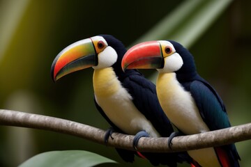Toucan in the treetops in a tropical rainforest. Wildlife concept of ecological environment. Generative AI