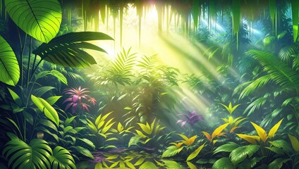Tropical jungle background with green leaves and sunlight