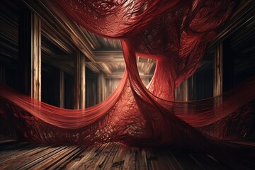 Red fabric flying in rustic space, Generative AI