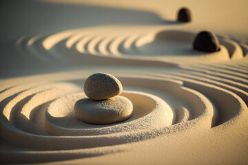Fototapeta na wymiar Zen Stones with lines in the sand - spa therapy. Illustrator AI Generative