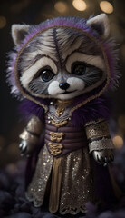 Exclusive toy raccoon. In expensive clothes. Made from yarn and lurex. Toy, decorative gift for children. Character in children's books and stories. Created with AI.