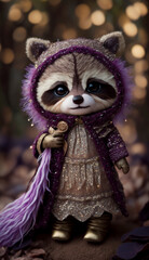 Exclusive toy raccoon. In expensive clothes. Made from yarn and lurex. Toy, decorative gift for children. Character in children's books and stories. Created with AI.