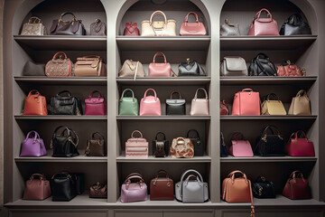 Generative AI Illustration of the interior of a luxury haute couture bag store with different bags in different shapes and colors on the shelves