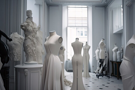 Generative AI Illustration of the interior of a high fashion atelier with mannequins with elegant and luxurious clothes put on them