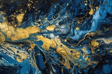Obraz na płótnie Canvas Ink indigo navy blue Gold and blue marbling abstract background, Generative AI.