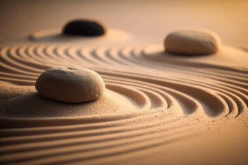 Fototapeta na wymiar Zen Stones with lines in the sand - spa therapy. Illustrator AI Generative