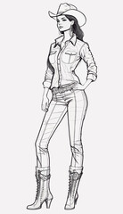 Beautiful drawing of a cowgirl in a posture of power and confidence. Artwork design, illustration for T-shirt printing, poster, badge wild west style, American western.