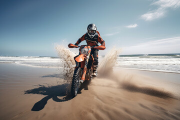 Obraz premium Generative AI Illustration of a motocross rider with his bike on a beach at full speed slapping dirt as he passes his bike through the sand on the beach