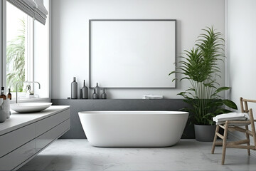 a luxurious bathroom with a freestanding bathtub. a blank picture hangs on the wall mockup template. Generative AI