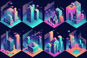Isometric architectural cover design. Geometric set of templates, posters, brochures. , Generative AI