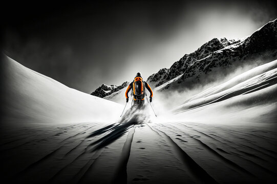 Black and white dramatic photograph of a lone skier on a snowy landscape with touches of bright orange. Evokes the adventure and beauty of winter sports. Generative AI