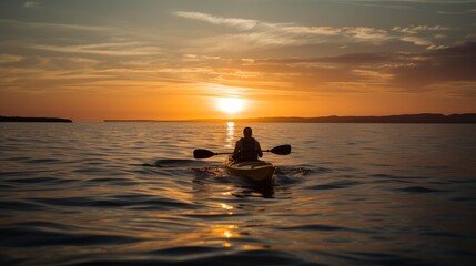 Naklejka na ściany i meble Kayaker Paddling into the Sunset - Generative AI