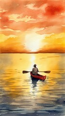 Naklejka na ściany i meble Kayaker Paddling into the Sunset - Generative AI