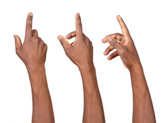 Set of hands touching or pointing isolated on white or transparent background, gesture for a smart phone or a tablet	