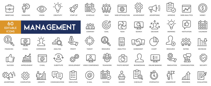 Management icons set vector illustration thin line with editable stroke on white background. managing, creativity, startup, web optimization, achievement, money, goal, search, growth icons collection.