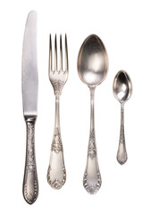 Old silver cutlery isolated on white or transparent background