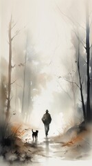 Naklejka na ściany i meble A Peaceful Stroll: Person Walking Their Dog in a Foggy Park Obscured by Mist Watercolor Painting - Generative AI