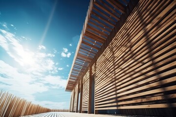 Line of wood in detail building and blue sky abstract architecture background, Generative AI