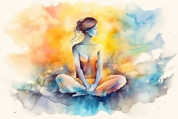 Watercolor meditation and mindfullnes lifestyle concept art, spiritual awerness, mental soul health, self care, healthy habit, Generative AI