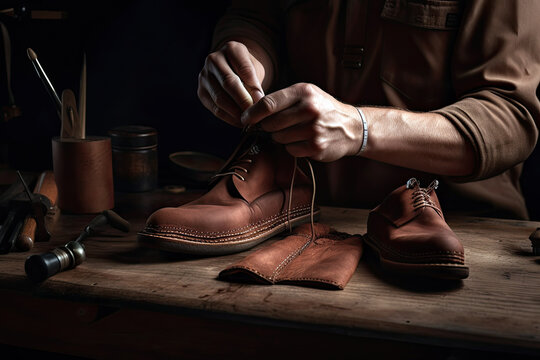 Generative AI Illustration of an artisan shoemaker mending a pair of elegant men's shoes in his workshop
