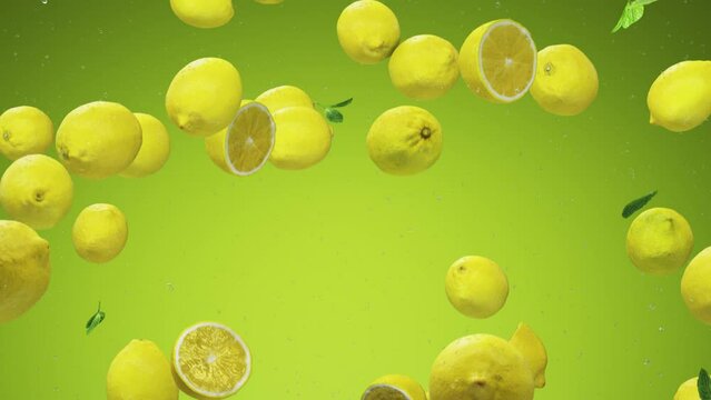 Fresh ryellow lemons falling down from top, Healthy fruits background texture pattern. Moving from top healthy lemon fruit background.