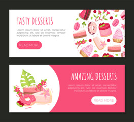 Sweet Raspberry Dessert Banner Design with Creamy Cake and Donut Vector Template