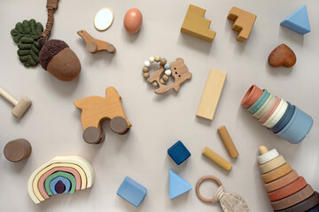 toys for the baby from ecological materials, wooden and homemade, top view and mall children's...