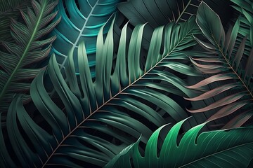 Close-up realistic green Tropical Monstera and Palms leaves background. Generative AI