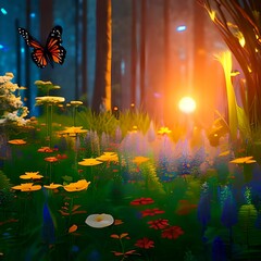 Fairy forest at night, fantasy glowing flowers and lights