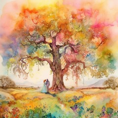 Fototapeta na wymiar Whimsical Garden Wedding with Vibrant Rainbow Colors and Pink Watercolor Accents - Generative AI