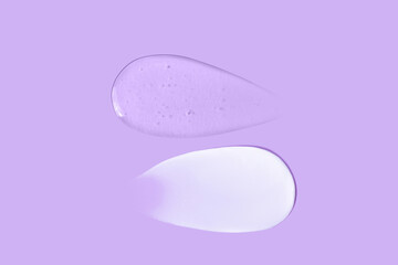 Cream smear texture and transparent gel smear texture on purple background