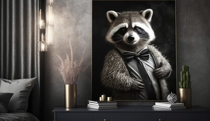An exclusive picture of a raccoon in a suit, on the wall in a classic interior. Created with AI.