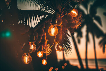 summer party beach palms light bulb garlands. Illustrator AI Generative