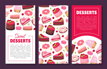 Sweet Raspberry Dessert Banner Design with Creamy Cake and Donut Vector Template