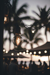summer party beach palms light bulb garlands. Illustrator AI Generative