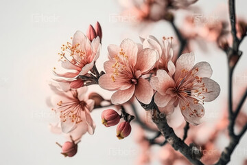 Obraz na płótnie Canvas Spring flowering branches pink flowers no leaves almond. Illustrator AI Generative