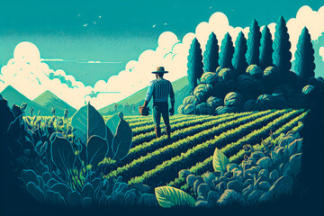 A farmer growing organic produce. The natural colors of the sky and the earth create a feeling of harmony and balance. Generative AI